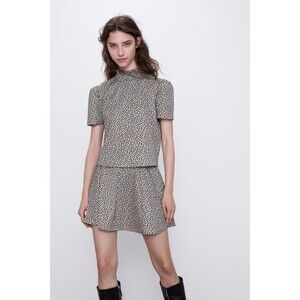 Zara Animal Print Crop Top Womens Size S Puff Sleeves High Neck Smocked Textured